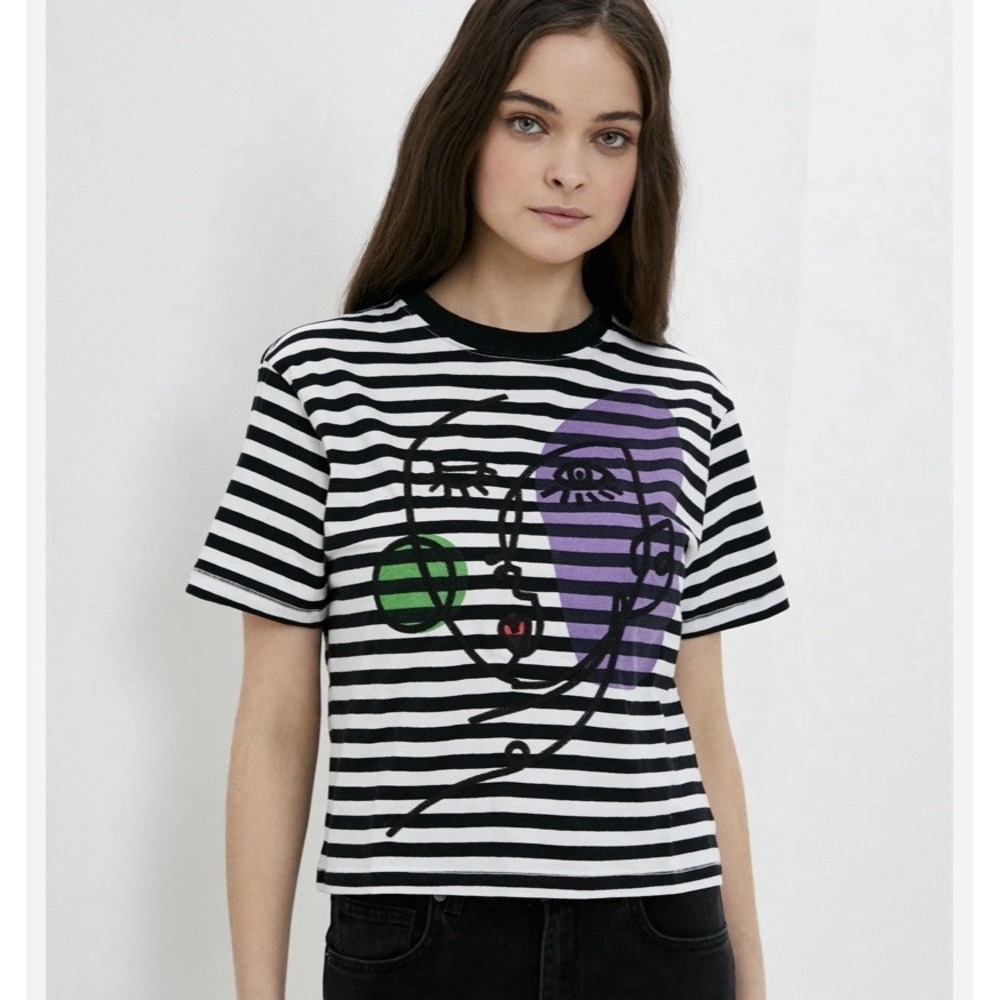 Desigual Arty Abstract Striped Faces Tee T-Shirt  Women's XLARGE XL